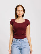 Top côtelé à col U à manches courtes - ELEM