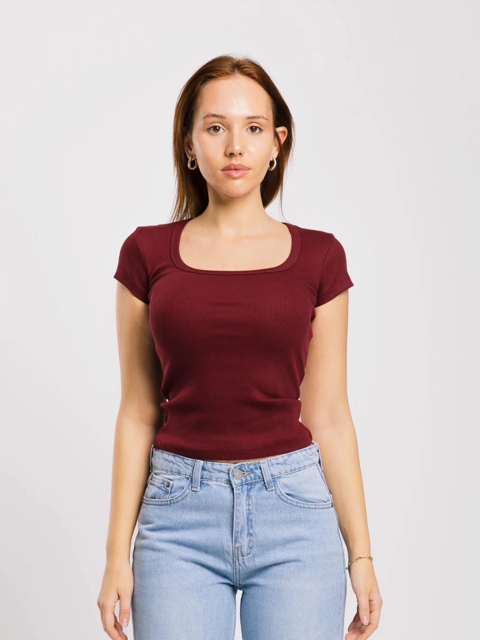 Top côtelé à col U à manches courtes - ELEM